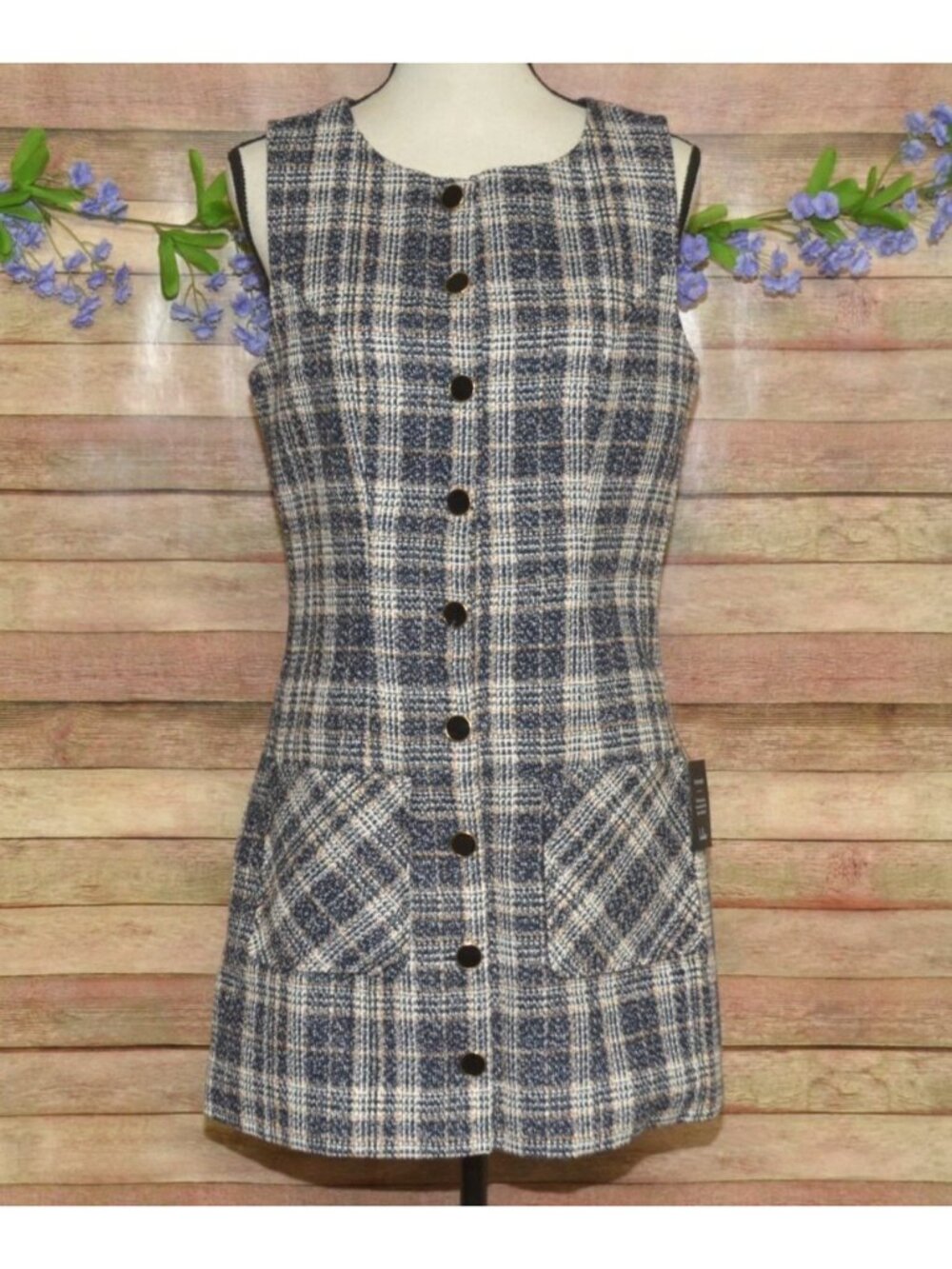NWT Lulus Posh Arrival Blue Multi Plaid Tweed Mini Dress Size M Academia Preppy